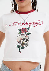 Womens Skull Rose Diamante Baby T-Shirt Top - White