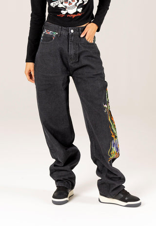Womens Crawling Dragon Relaxed Fit Denim Trousers Jeans - Black