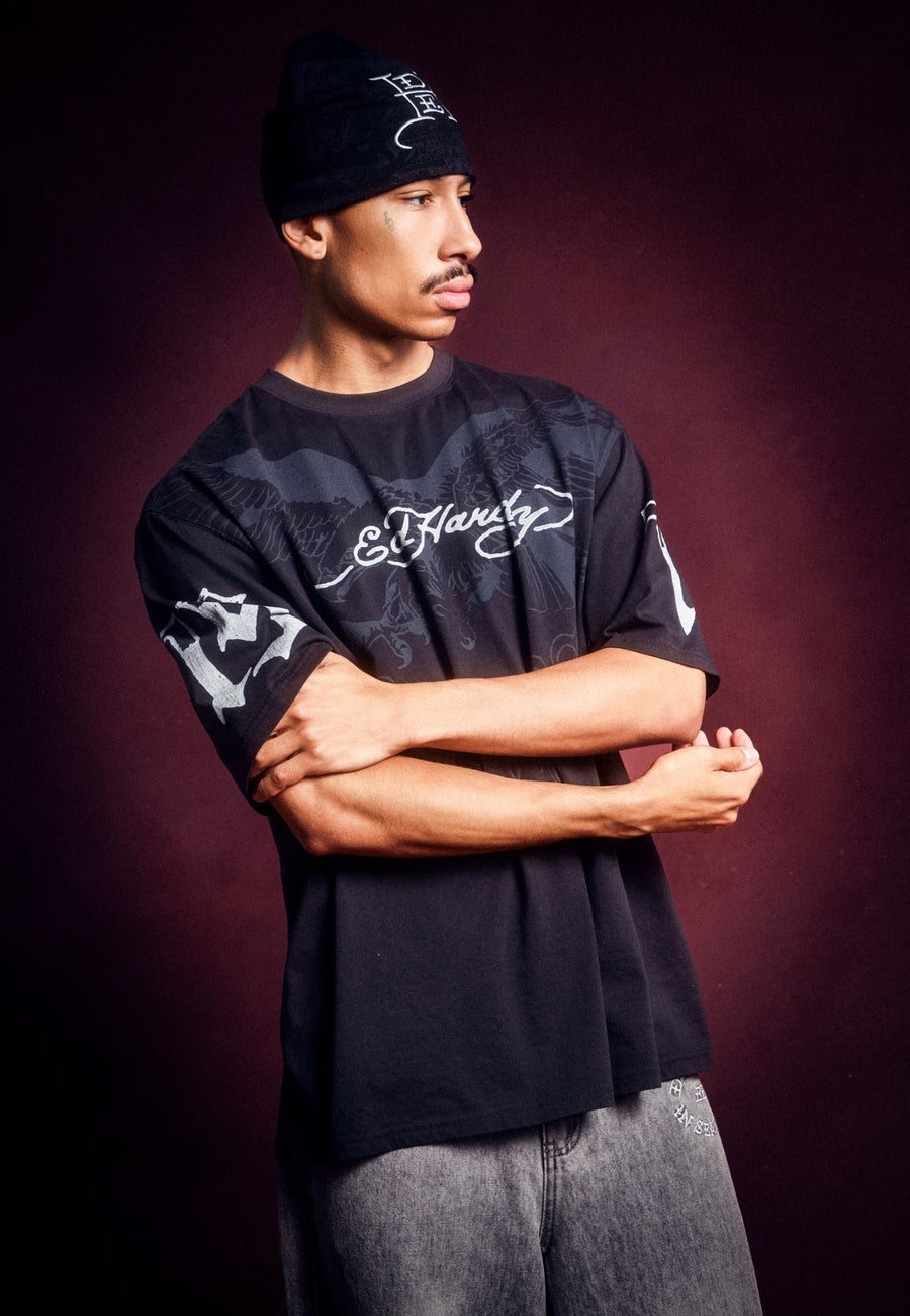 Mens Flaming Eagle Graphic Relaxed Fit T-Shirt - Black