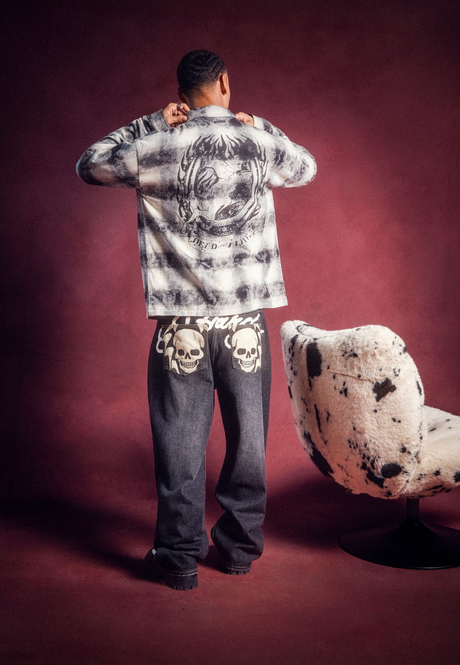 Mens Flying Skull Pu Applique Relaxed Jeans - Washed Black