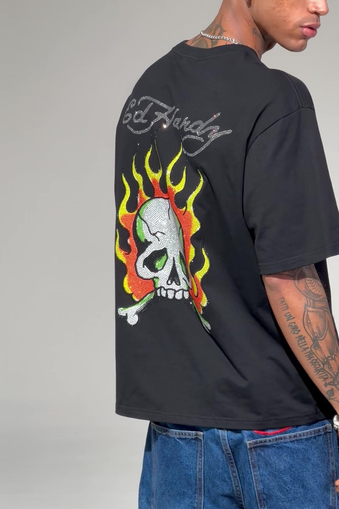 Mens Skull Flame Diamante Tshirt - Black – Ed Hardy UK