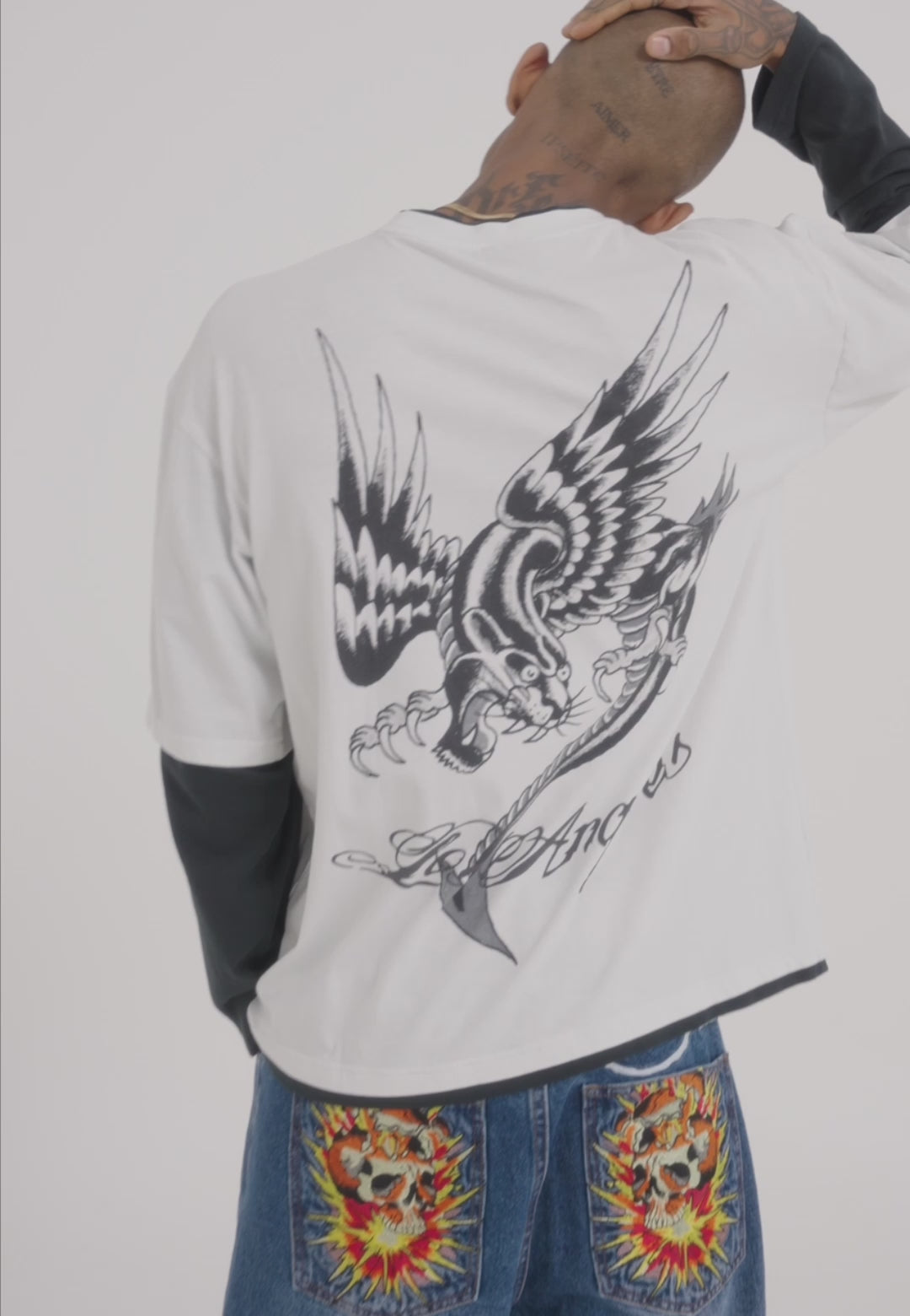 Mens Panther Dragon Double Sleeve Tshirt - White/Black – Ed Hardy UK