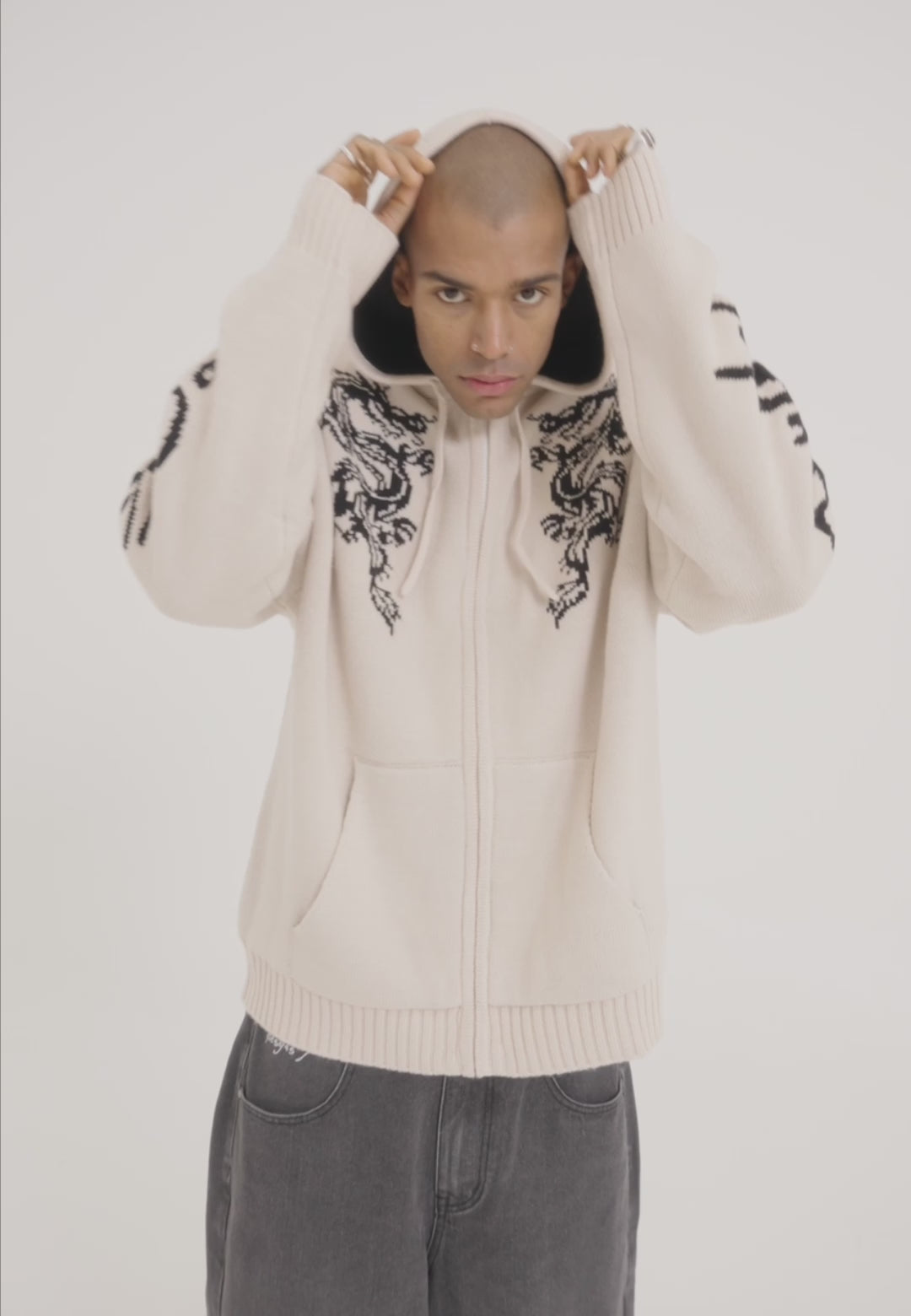 Mens Dragon Zip Thru Knitted Hoodie - Beige – Ed Hardy UK