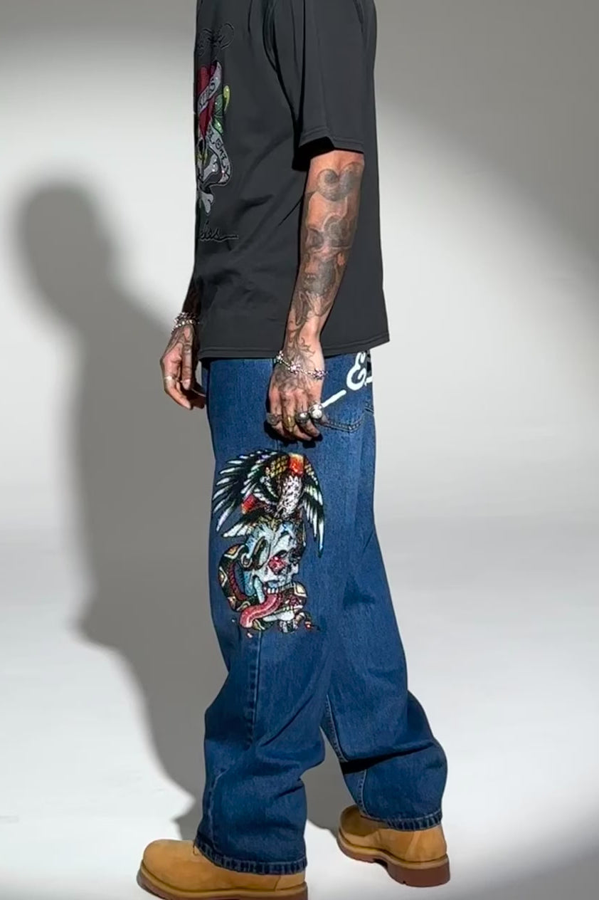 Mens Skull-Snake-Eagle Diamante Denim Trousers Jeans - Indigo – Ed