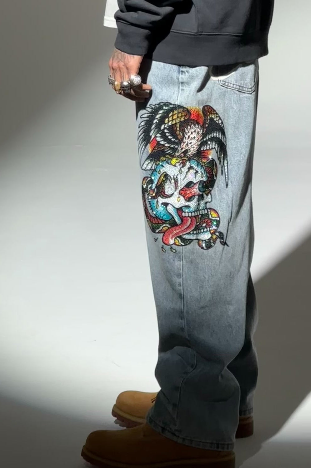 Mens Skull-Snake-Eagle Diamante Denim Trousers Jeans - Bleach – Ed
