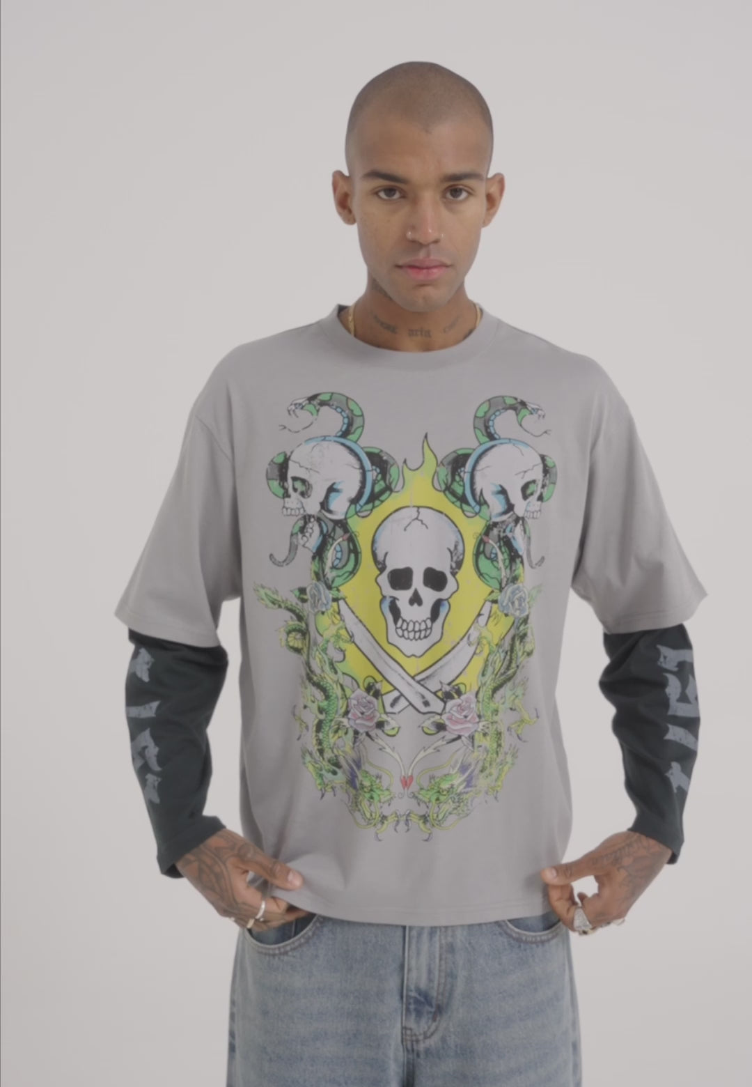 Mens Skull King Double Layer Long Sleeve Tshirt - Grey/Black – Ed