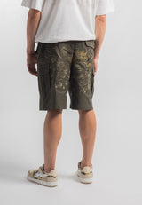 Mens Vintage-Dragon Embroidered Combat Trousers Shorts - Green