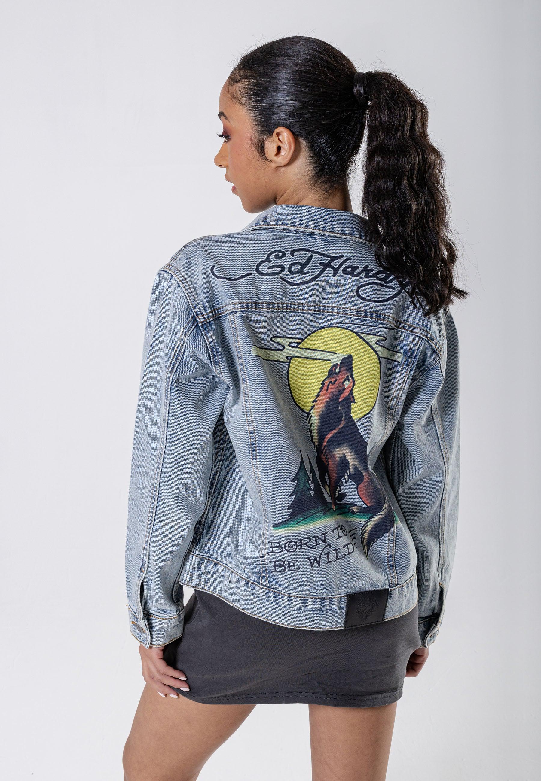 Womens Born Wild Denim Jacket Bleach Ed Hardy UK