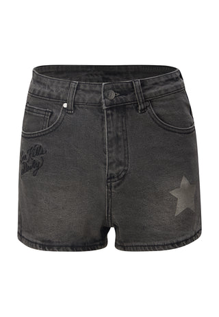 Womens Doodle-Star Denim Shorts - Washed Black