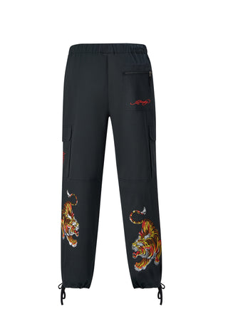Mens Double Tiger Cargo Pants Trousers - Black