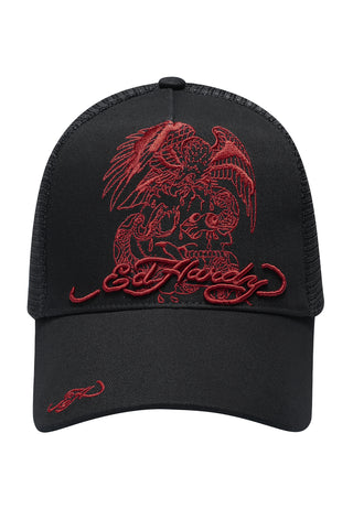Eagle-Skull Twill Front Mesh Trucker - Noir/Rouge