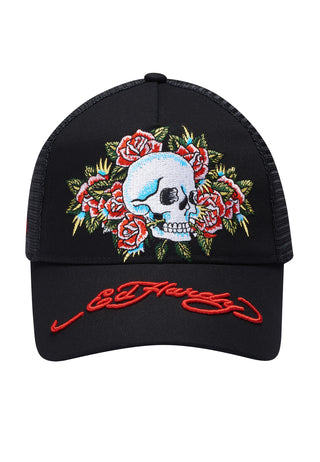 Unisex Skull-Rose Twill Front Mesh Trucker Cap - Black