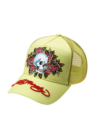 Camionero Skull-Rose Twill Front Mesh - Neon Lime