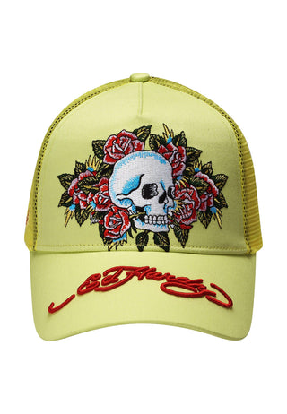 Unisex Skull-Rose Twill Front Mesh Trucker Cap - Lime