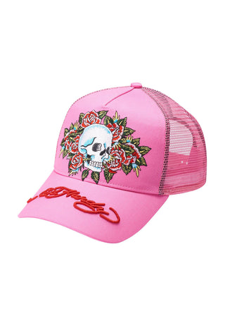 Unisex Skull-Rose Twill Front Mesh Trucker Cap - Pink