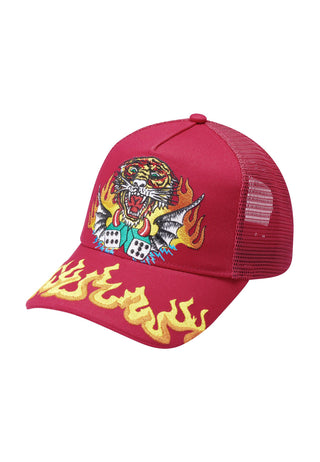 Tiger-Dice Twill Front Mesh Trucker - Vrai Rouge