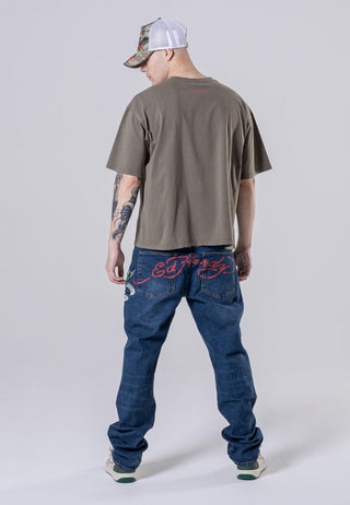 Mens True-Til-Death Tattoo Graphic Denim Trousers Jeans - Indigo