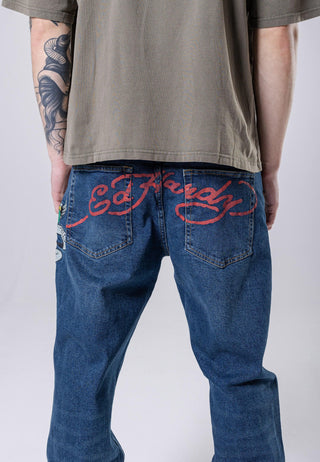 Mens True-Til-Death Tattoo Graphic Denim Trousers Jeans - Indigo