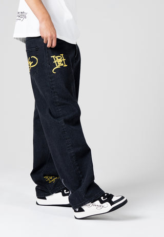 Mens Battle-Dragon Tattoo Denim Trousers Baggy Jeans - Black