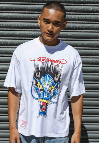 Mens Blue-Dragon Oversize T-Shirt - White