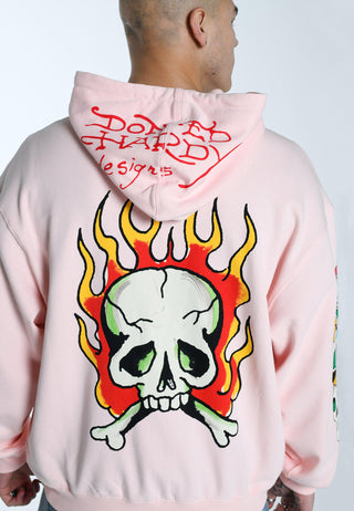 Mens Burning Skull Graphic Hoodie - Pink