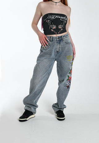 Womens Death Before Dishonour Relaxed Fit Denim Trousers Jeans - Bleach