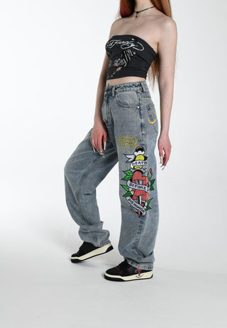 Womens Death Before Dishonour Relaxed Fit Denim Trousers Jeans - Bleach