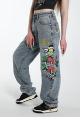 Womens Death Before Dishonour Relaxed Fit Denim Trousers Jeans - Bleach