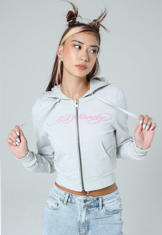 Womens Don-Ed-Diamond Graphic Cropped Zip Through Hoodie - Grey