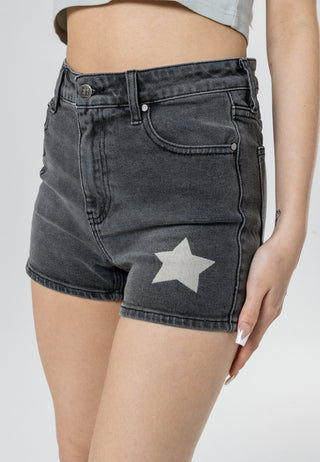 Womens Doodle-Star Denim Shorts - Washed Black