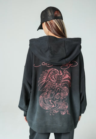 Womens Eagle-Skull Graphic Oversize Pouch Hoodie - Black