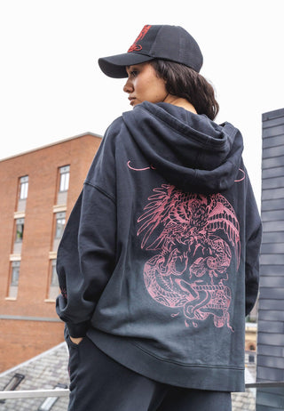 Womens Eagle-Skull Graphic Oversize Pouch Hoodie - Black