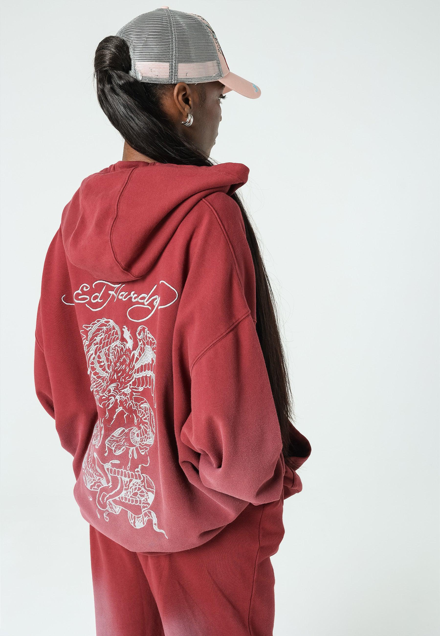 Womens Eagle-Skull Graphic Oversize Pouch Hoodie - Red – Ed Hardy UK