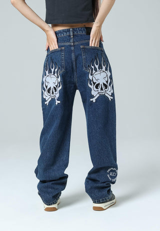 Womens Flaming Skull Relaxed Fit Denim Trousers Jeans - Indigo