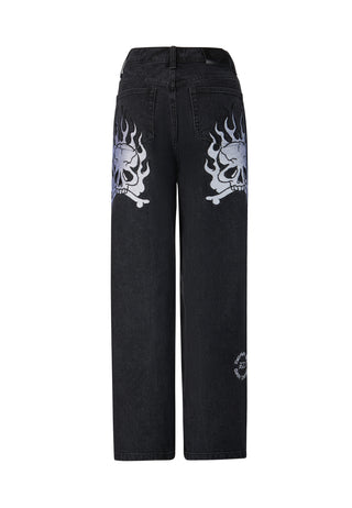 Flaming Skull Relaxed Jean - Washed Black