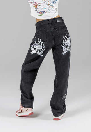 Womens Flaming Skull Relaxed Fit Denim Trousers Jeans - Black