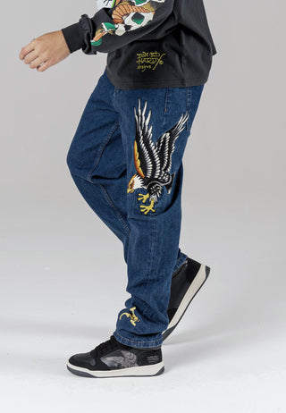 Mens Golden-Eagle Tattoo Graphic Denim Trousers Jeans - Indigo
