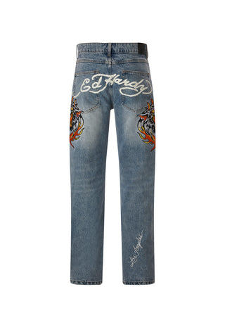 Mens Hell-Cats Tattoo Graphic Denim Trousers Jeans - Bleach