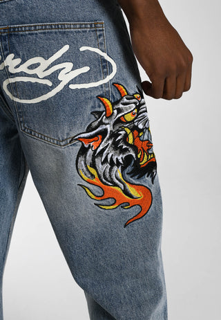 Mens Hell-Cats Tattoo Graphic Denim Trousers Jeans - Bleach