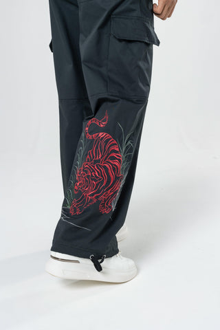 Mens Jungle Tiger Cargo Pants Trousers - Black