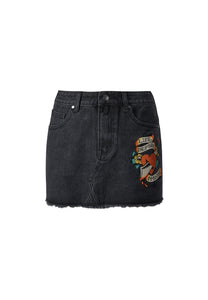 Womens Life-Before Drop Hem Embroidered Denim Mini Skirt - Black
