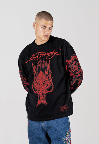 Mens Red-Dragon Long Sleeve T-Shirt - Black