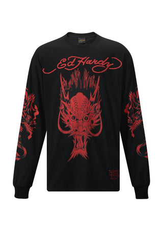 Mens Red-Dragon Long Sleeve T-Shirt - Black