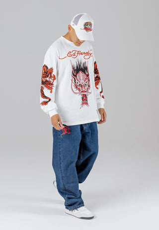 Mens Red-Dragon Long Sleeve T-Shirt - White