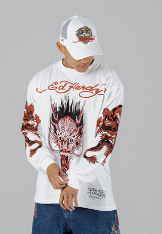 Mens Red-Dragon Long Sleeve T-Shirt - White