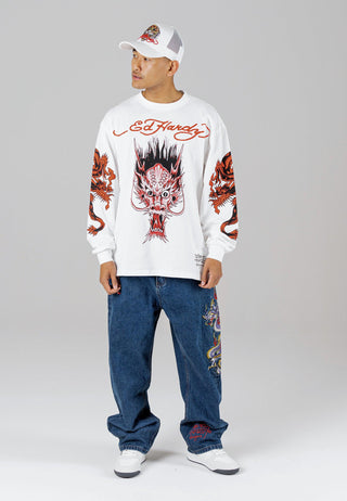 Mens Red-Dragon Long Sleeve T-Shirt - White