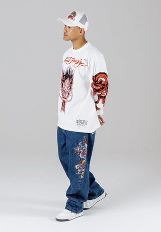 Mens Red-Dragon Long Sleeve T-Shirt - White