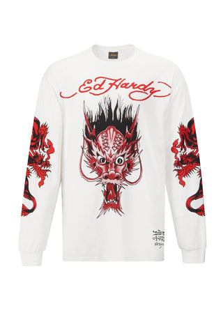 Mens Red-Dragon Long Sleeve T-Shirt - White