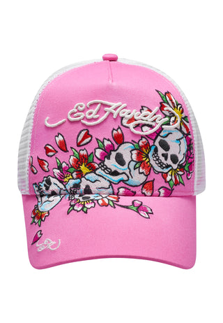 Unisex Skull-Blossom Twill Front Mesh Trucker Cap - Pink