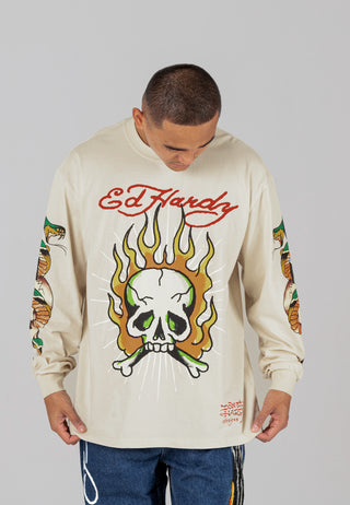 Mens Skull-Flame Long Sleeve T-Shirt - Ecru – Ed Hardy UK